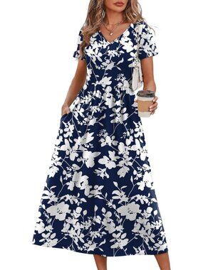 Women's Navy White Floral Flowy Casual A Line Midi Beach Sundresses With Pocket